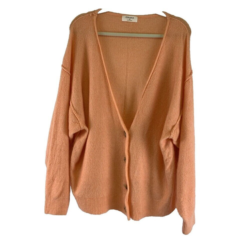 Zenana Melange Button Down Cardigan Orange V-Neck Drop Shoulder Knit Womens 1X